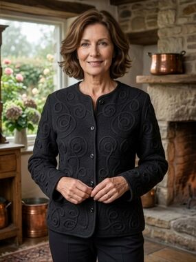 Vintage Tabi Black Embroidered 100% Wool Button-Up Cardigan Chore Coat S